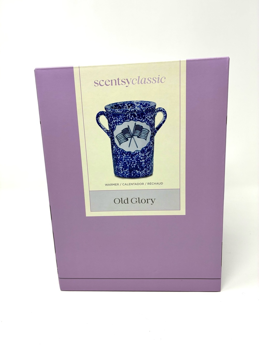 Scentsy Classic Old Glory Wax Warmer NIB Patriotic Flag Blue & White Spongeware
